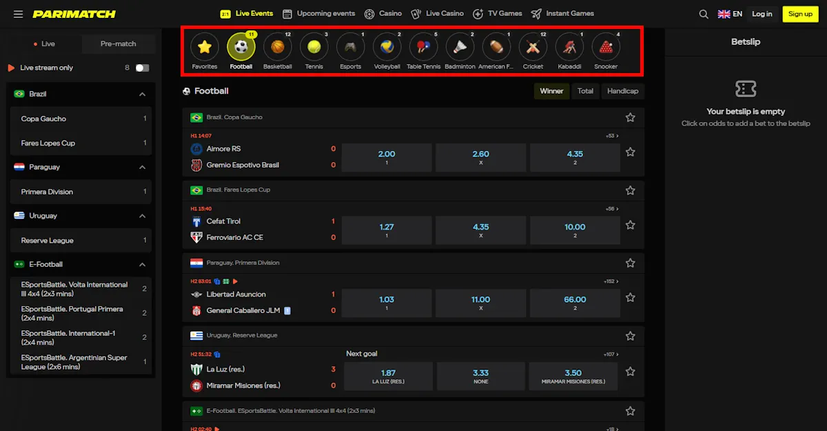 Parimatch Sportsbook Screenshot
